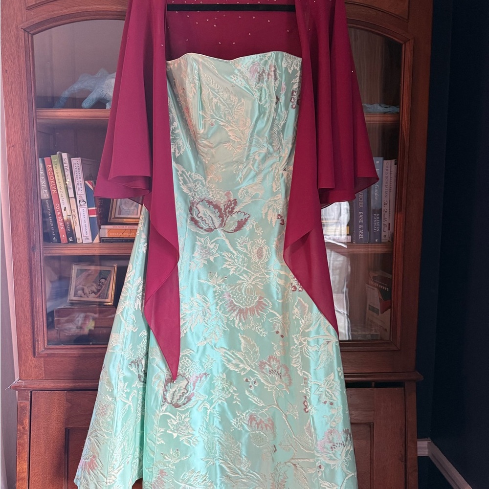 Elegant Paule Vassuer Silk Floral Strapless Dress with Burgundy Shawl